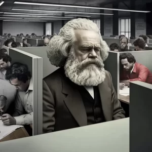 Karl Marx in a modern cubicle world looking sad